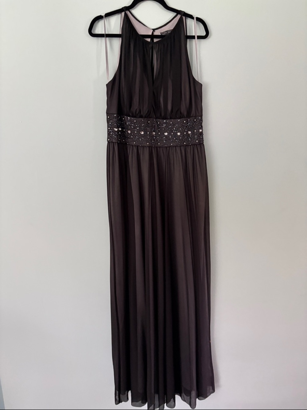 Jessica Howard Black Chiffon Maxi Dress with Beaded Waist
